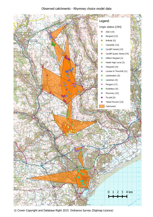 Observed catchments generated for stations on the Rhymney line in South Wales