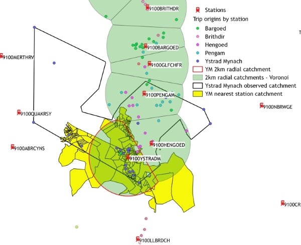 Nearest station, 2km radial and observed catchments for Ystrad Mynach station